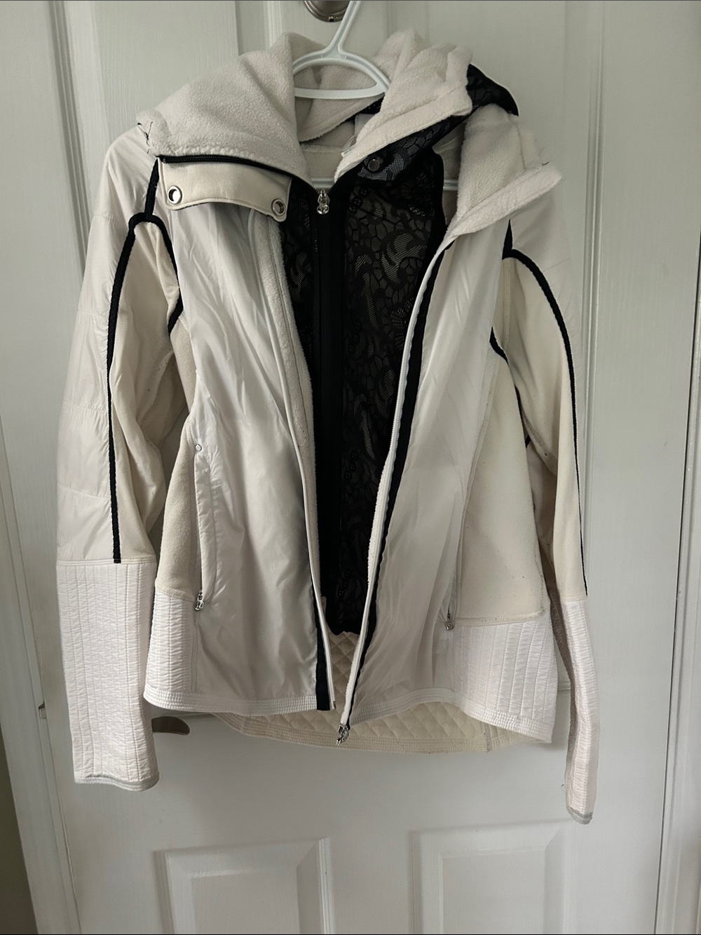 lululemon athletica Cream Hooded Puffer Jacket with Black Trim